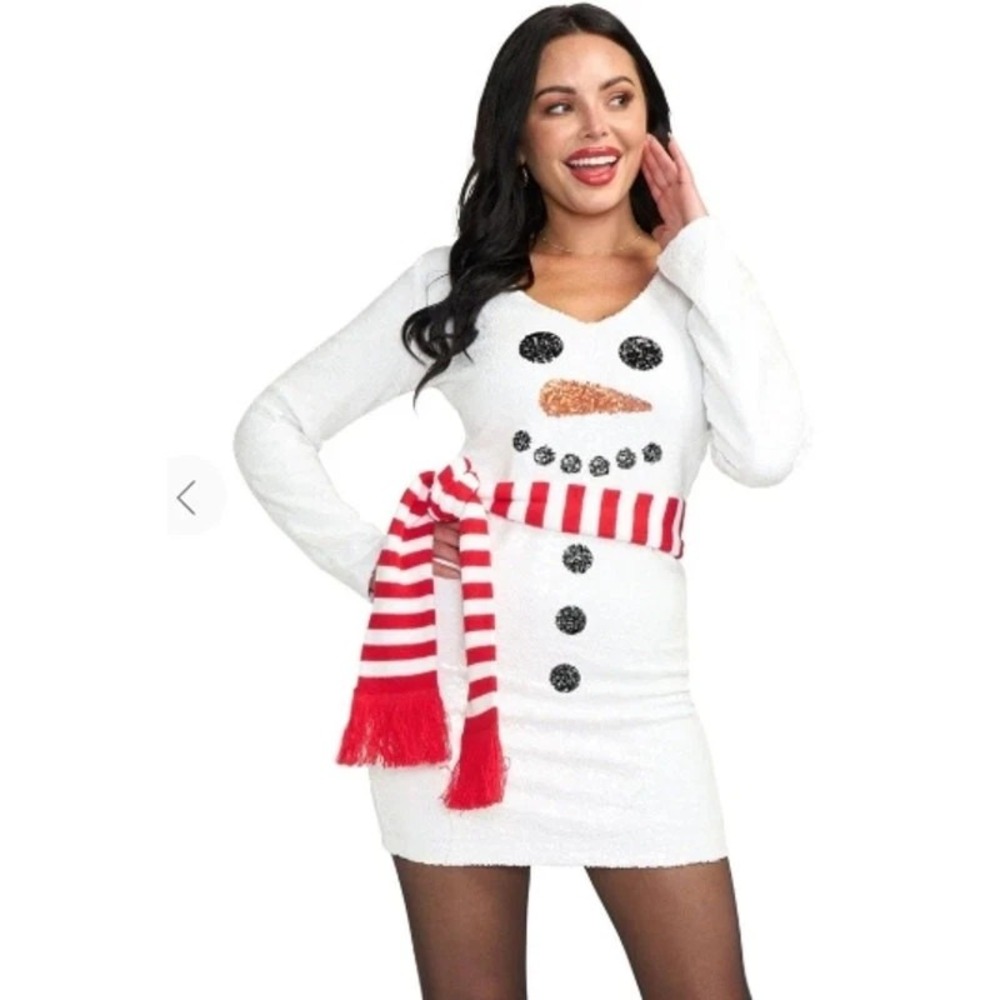 TIPSY ELVES SNOWMANโ SCARF SEQUIN CHRISTMAS DRESS Women's Size Medium NEW !!